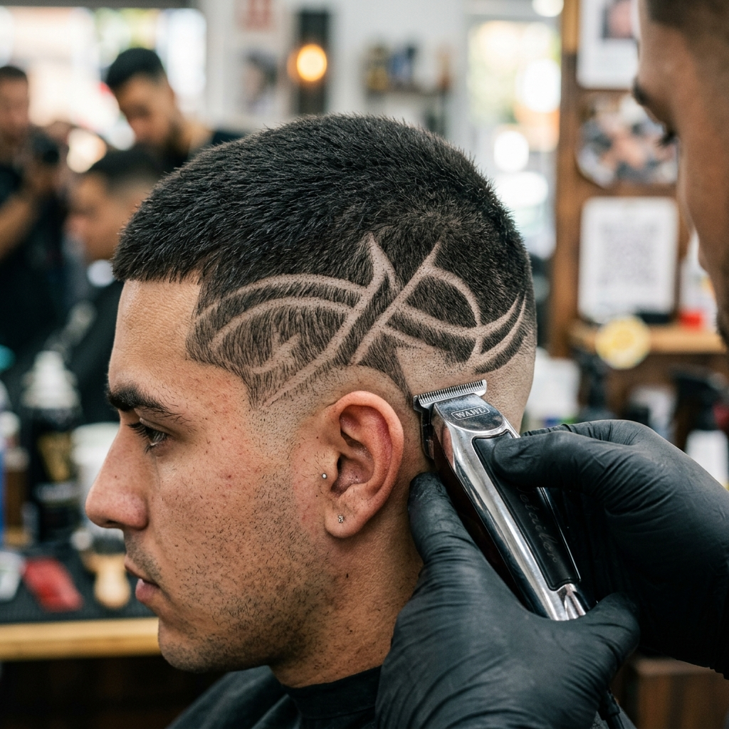 Sharp freestyle hair design with shaved lines, cut at The Fade Parlor barbershop