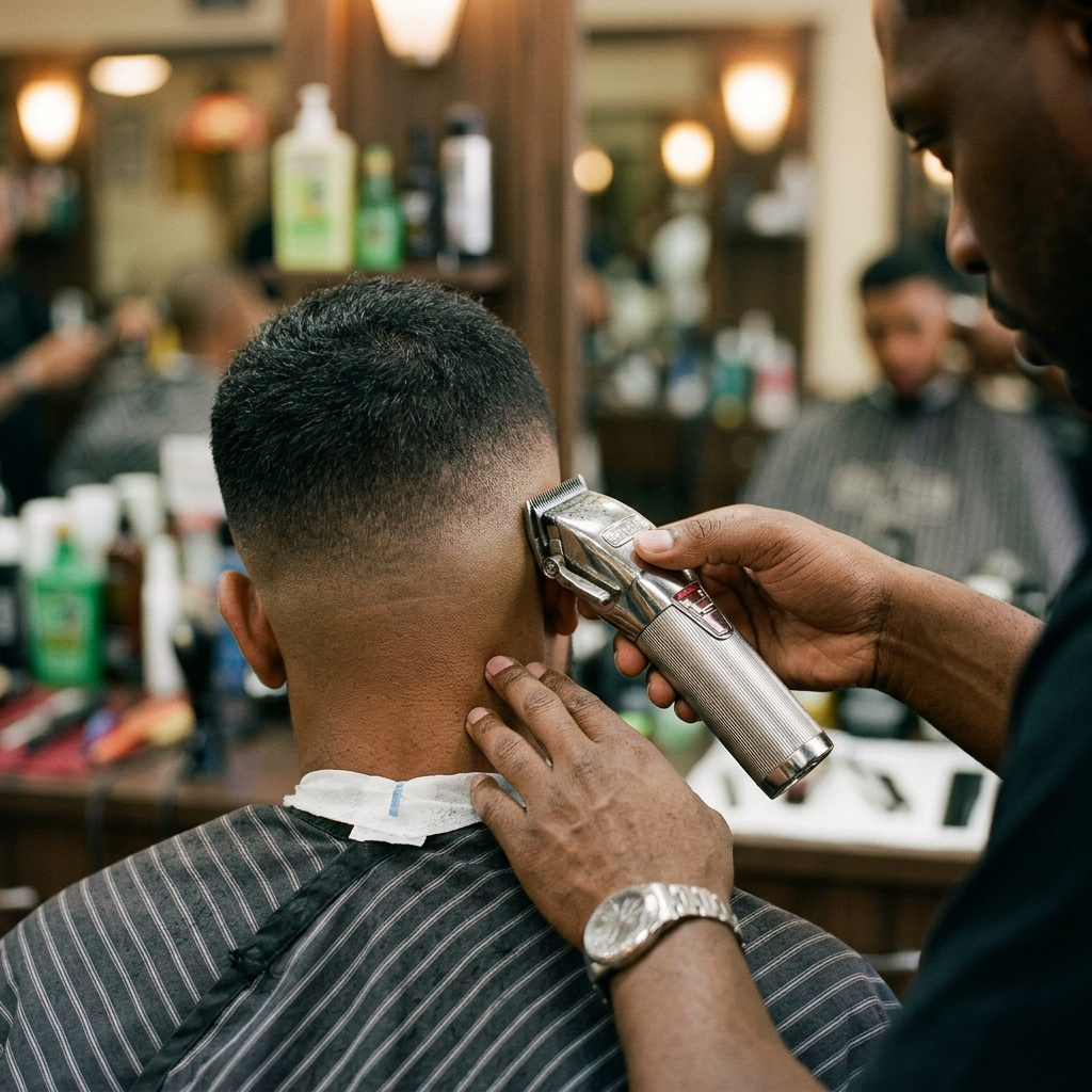 Barber finishing a crisp skin fade with clippers at The Fade Parlor — precision fades are the house specialty in Vista del Sol