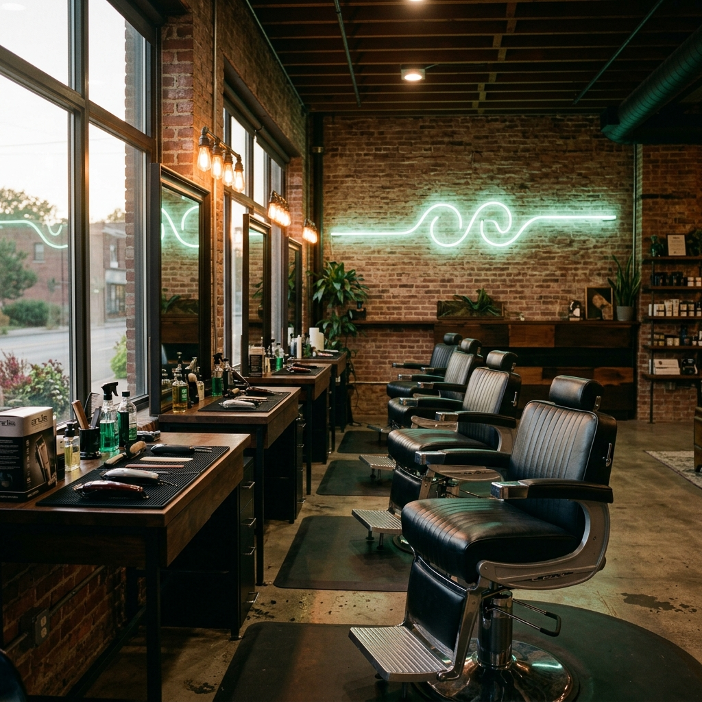 Inside The Fade Parlor, a modern neighborhood barbershop in Vista del Sol — four leather chairs, exposed brick and warm light, ready for walk-ins and booked cuts