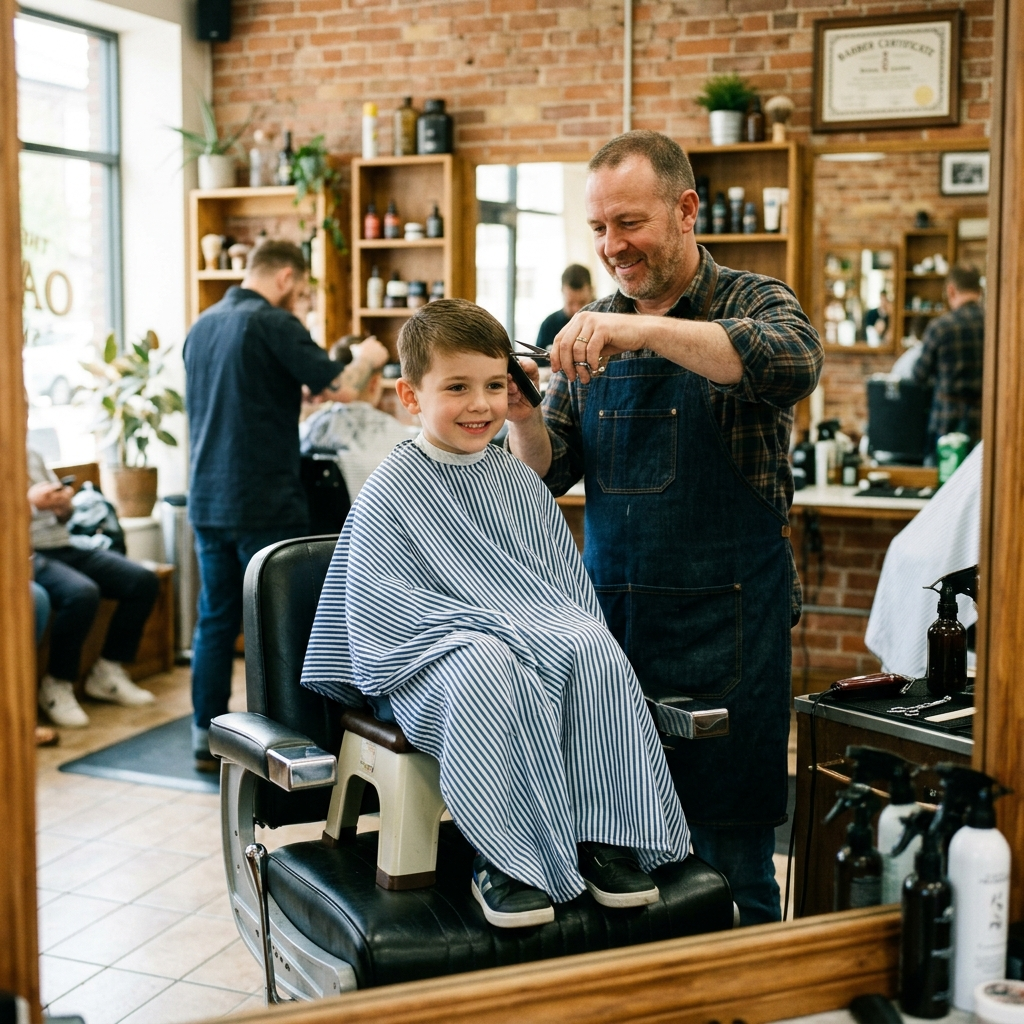 Patient barber giving a smiling kid a first haircut in a booster seat at The Fade Parlor, a family-friendly barbershop