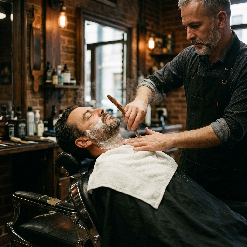 Hot towel straight-razor shave in a reclined barber chair at The Fade Parlor, Vista del Sol's barbershop for classic shaves