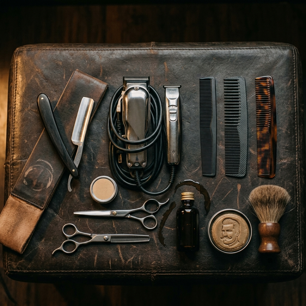 Straight razor, clippers and combs laid out on leather at The Fade Parlor — the tools behind Vista del Sol's hot towel shaves