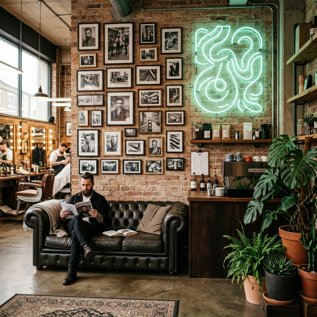 The waiting corner at The Fade Parlor barbershop — leather bench, coffee bar and mint neon, where Cut Club members wait minutes not hours